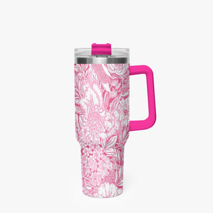 Pink and White Floral Design Pattern 40oz Car Tumbler Cup, Large Water Tumbler with Handle, Gift Idea for Christmas, Birthday, Bestie, Coworker