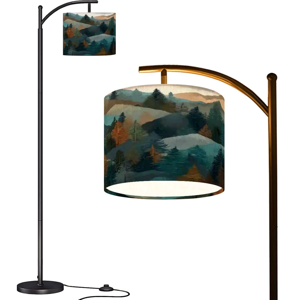 Mountain Forest Arc Floor Lamp – Scenic Woodland Lampshade, Made in USA, Rustic Nature Home Decor