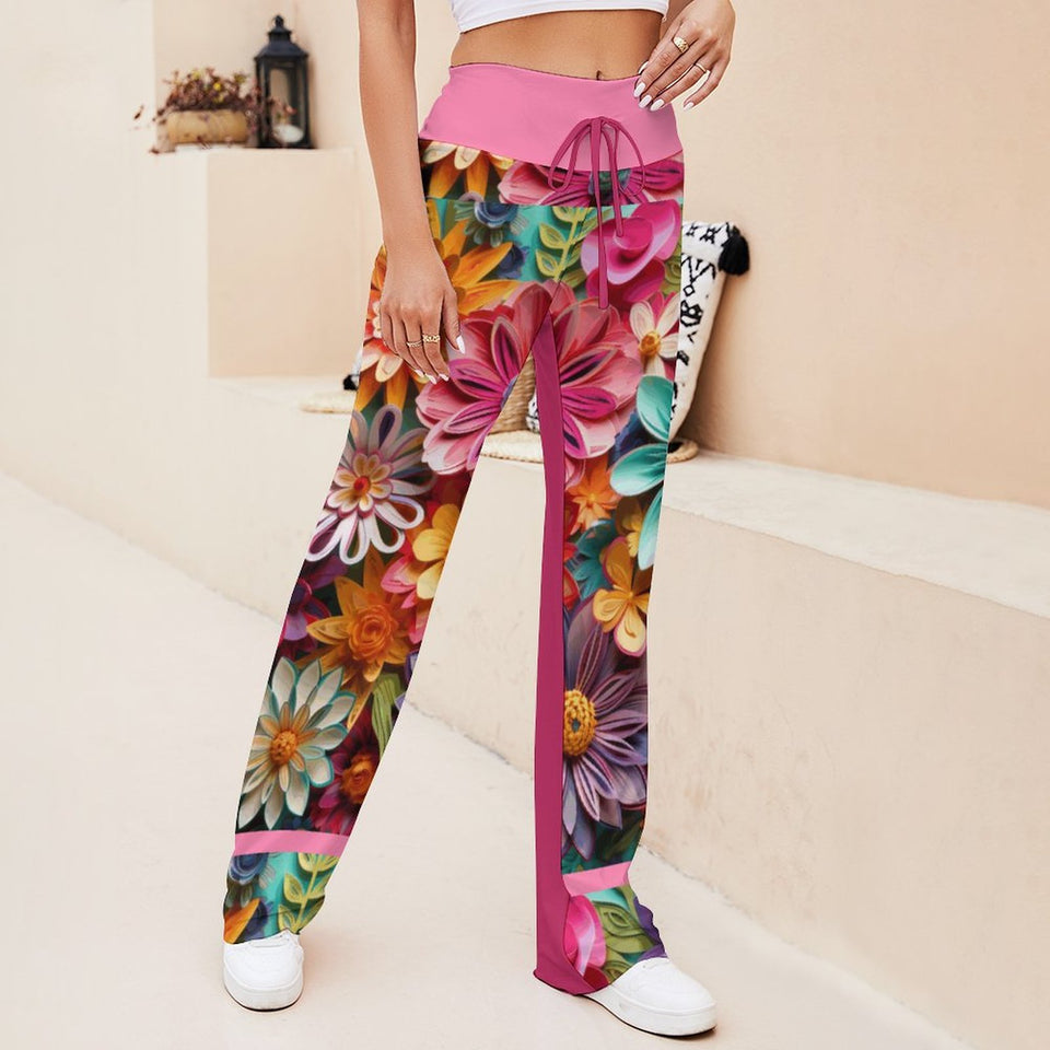 Colorful Floral Pattern Drawstring Yoga Pants  with Straight Baggy (All-Over Printing)