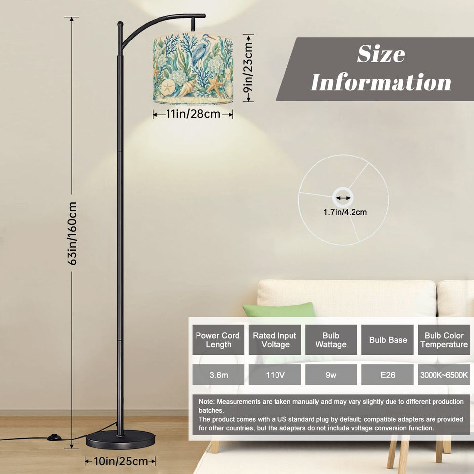 Blue coastal chinoiserie arc floor lamp with heron, coral and starfish print shade – view 2