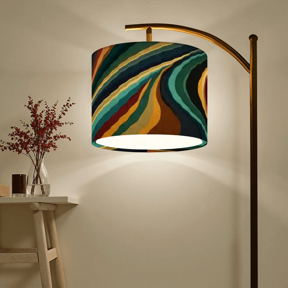 Retro 70s Style Arc Floor Lamp - Blue & Orange Psychedelic Marbled Shade - 63" Modern Standing Light - Graphic Art Decor - Made in USA