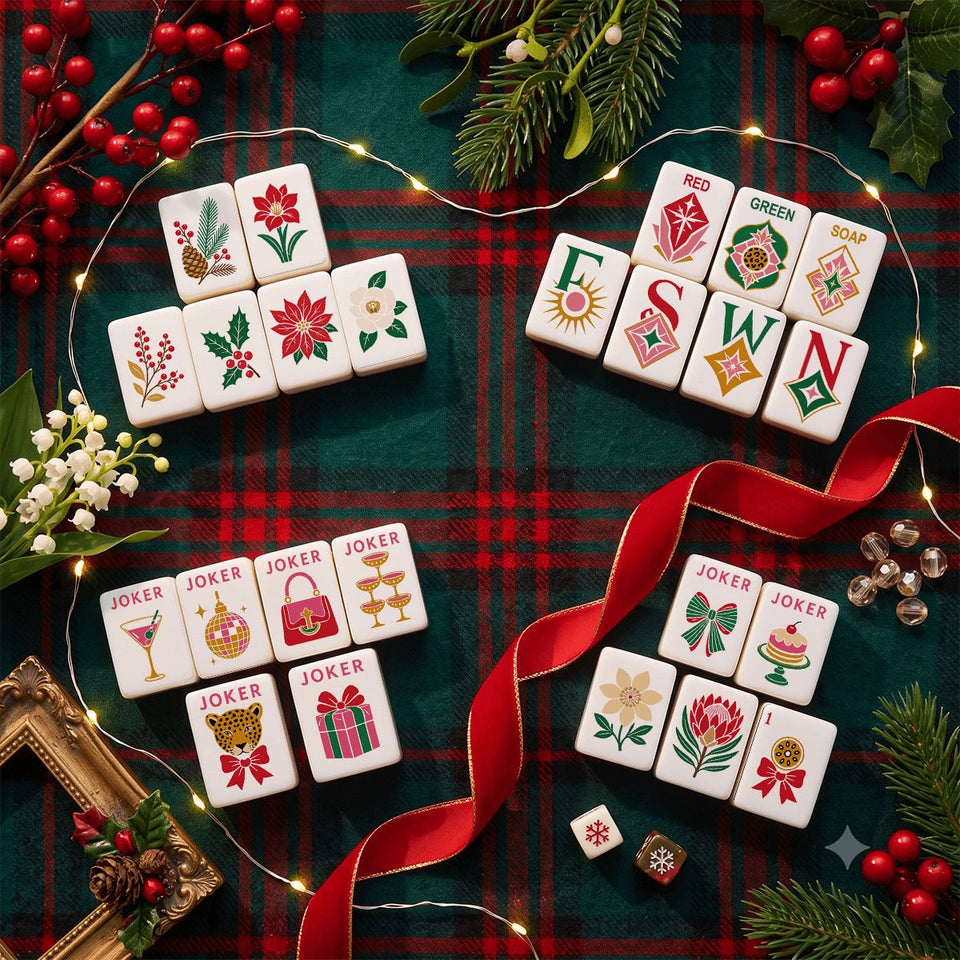 Glam Holiday Christmas Mahjong Tile Set – 160 Piece Acrylic Tiles with Jokers | Box or Bag Set