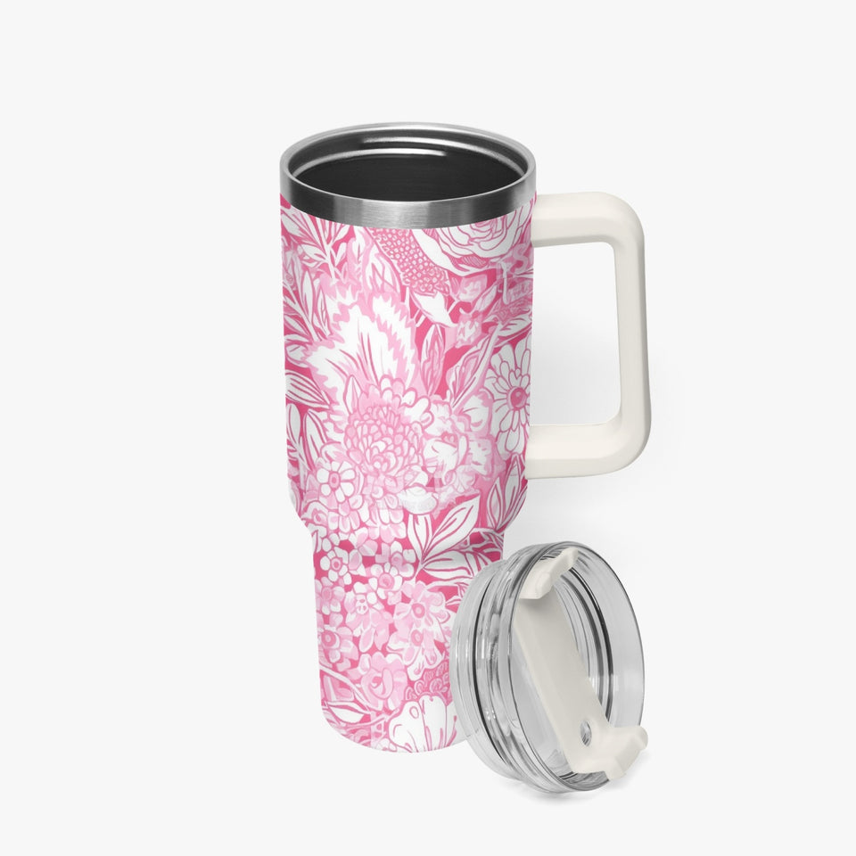 Pink and White Floral Design Pattern 40oz Car Tumbler Cup, Large Water Tumbler with Handle, Gift Idea for Christmas, Birthday, Bestie, Coworker