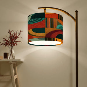 Mid-Century Modern Arc Floor Lamp - Abstract Teal & Rust Geometric Print (Made in USA)
