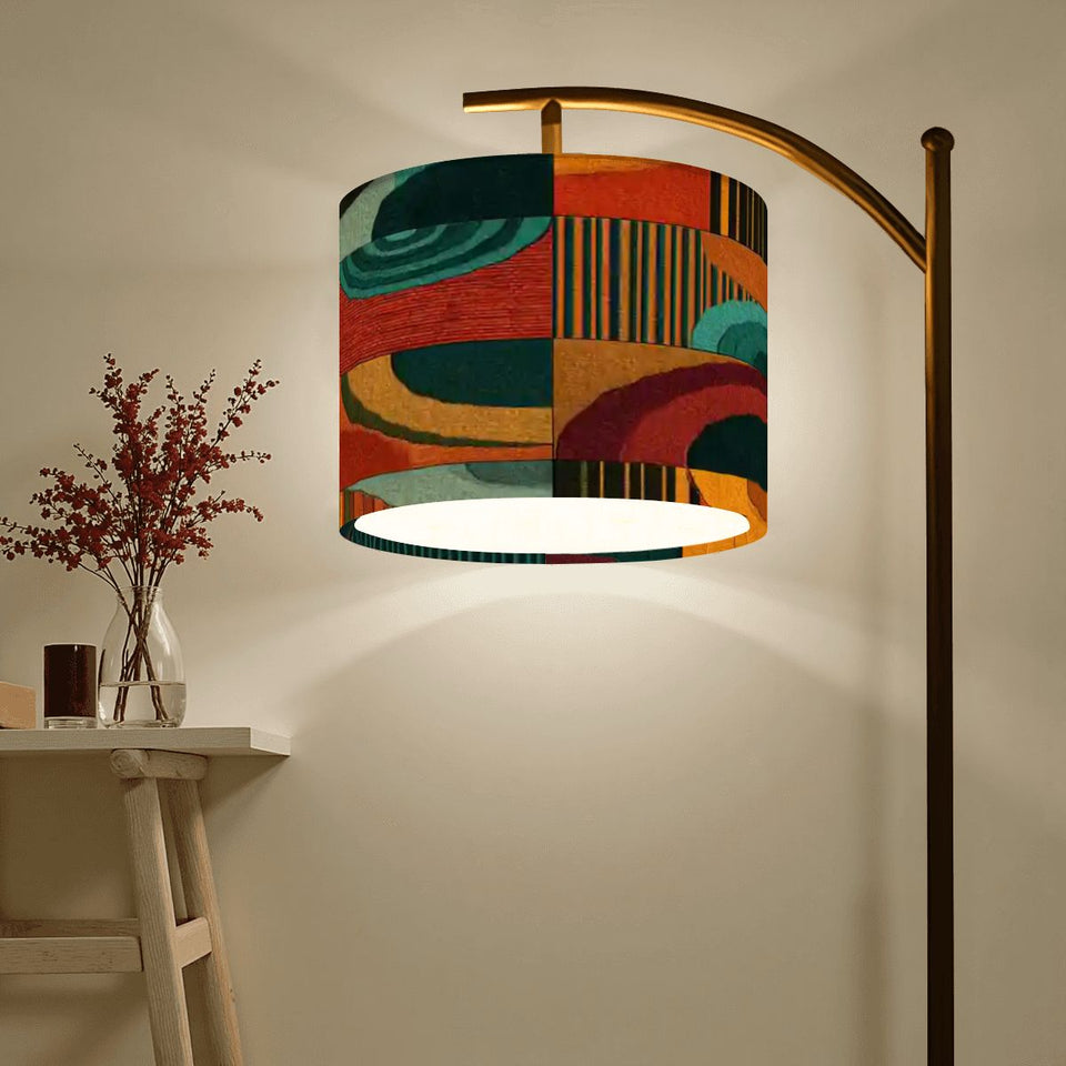 Mid-Century Modern Arc Floor Lamp - Abstract Teal & Rust Geometric Print (Made in USA)