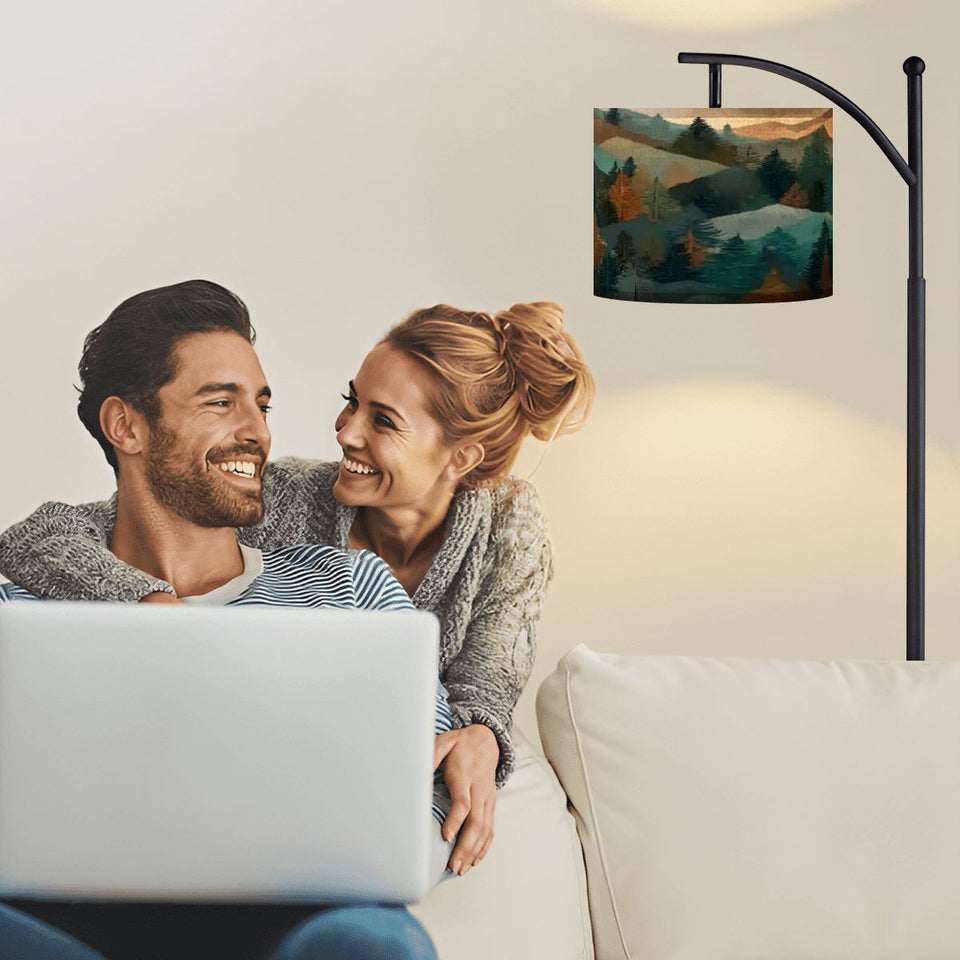 Mountain Forest Arc Floor Lamp – Scenic Woodland Lampshade, Made in USA, Rustic Nature Home Decor