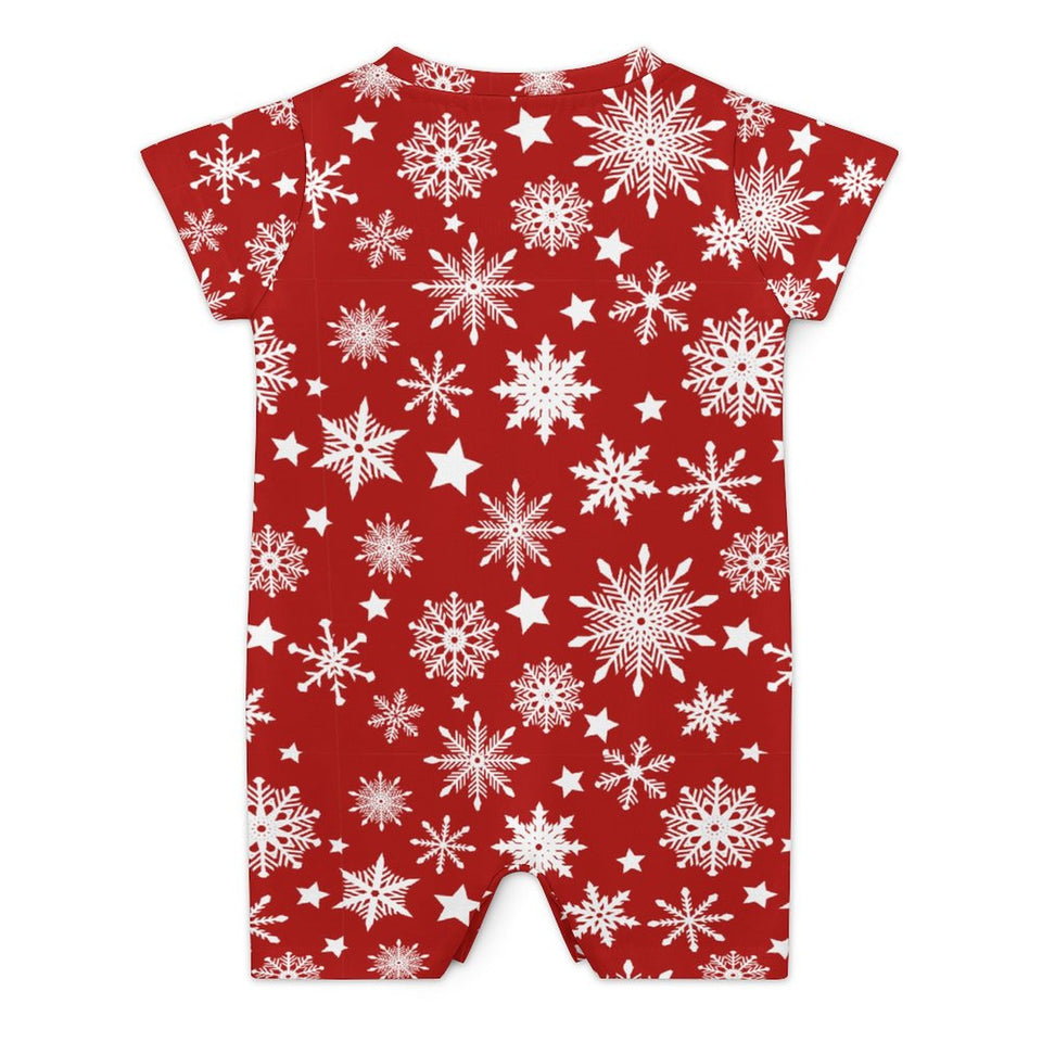 Christmas Snowflakes on a Red One Piece Romper for Baby, Holiday wear for baby ages 3 to 24 months