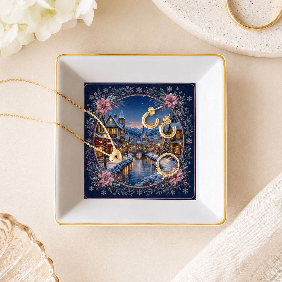 Winter village Mahjong dice dish with gold trim holding jewelry
