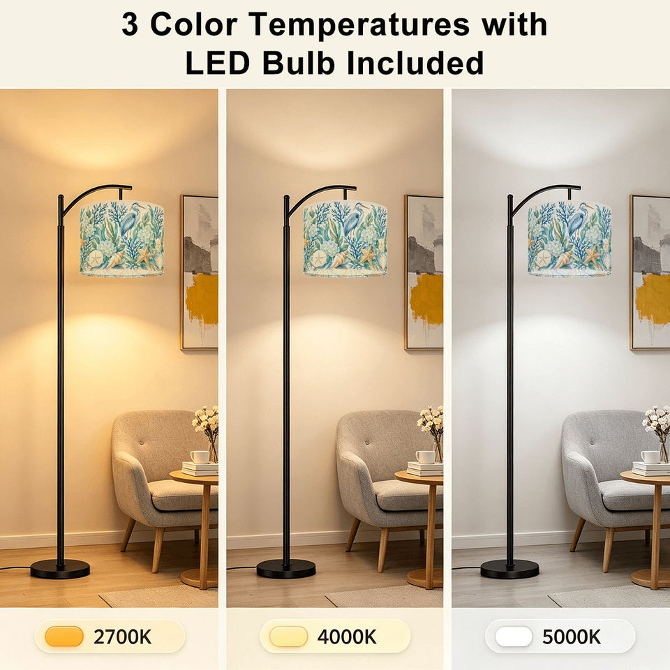 Blue coastal chinoiserie arc floor lamp with heron, coral and starfish print shade – view 6