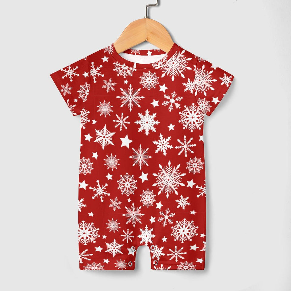 Christmas Snowflakes on a Red One Piece Romper for Baby, Holiday wear for baby ages 3 to 24 months