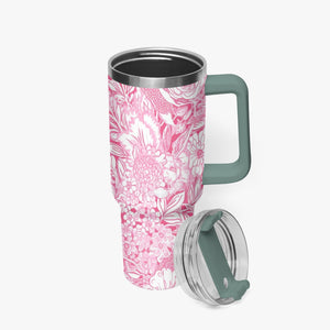 Pink and White Floral Design Pattern 40oz Car Tumbler Cup, Large Water Tumbler with Handle, Gift Idea for Christmas, Birthday, Bestie, Coworker