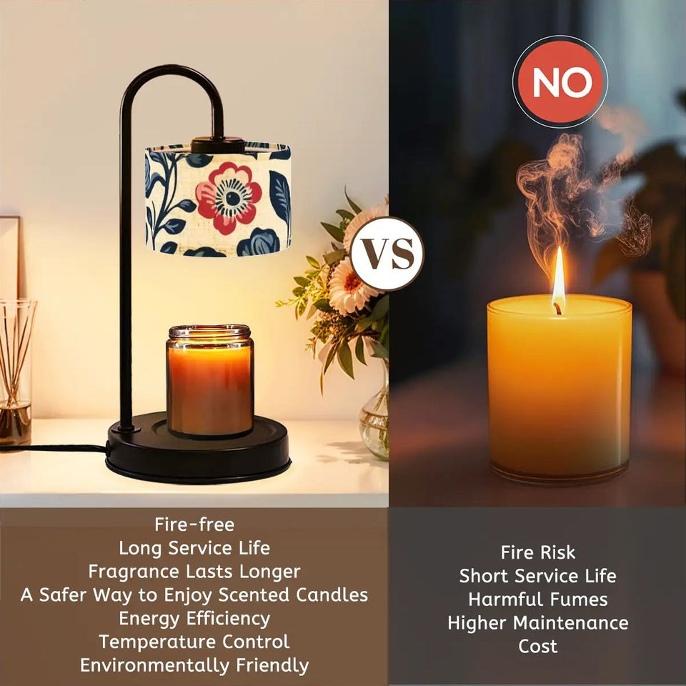 Boho Floral Candle Warmer Lamp with Linen Shade – Adjustable Heat & Remote Control