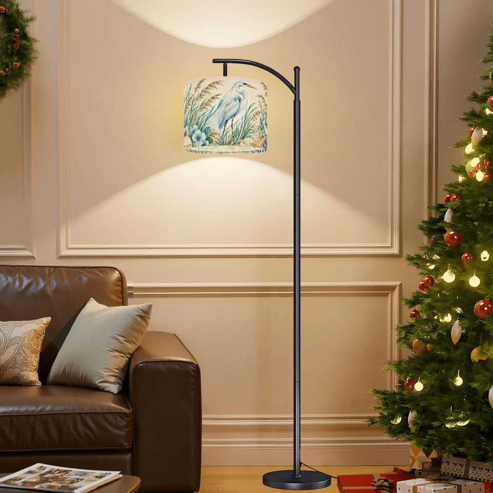 Coastal arc floor lamp with blue heron egret and beach grass print shade – view 4