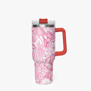 Pink and White Floral Design Pattern 40oz Car Tumbler Cup, Large Water Tumbler with Handle, Gift Idea for Christmas, Birthday, Bestie, Coworker