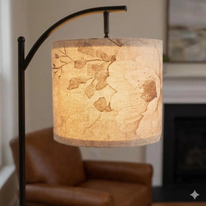 Neutral Boho Linen Arc Floor Lamp – Minimalist Beige Floral Shade | Adjustable Remote-Control LED Light | Made in USA
