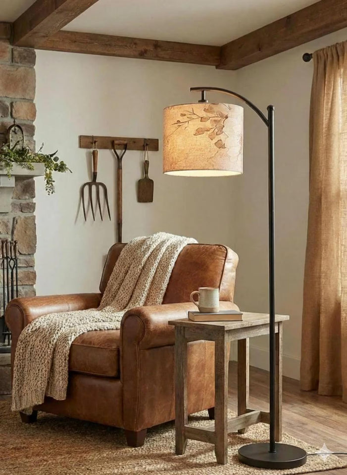 Neutral Boho Linen Arc Floor Lamp – Minimalist Beige Floral Shade | Adjustable Remote-Control LED Light | Made in USA