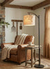 Neutral Boho Linen Arc Floor Lamp – Minimalist Beige Floral Shade | Adjustable Remote-Control LED Light | Made in USA