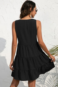 Decorative Button V-Neck Tiered Sleeveless Dress