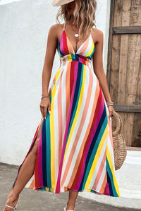 Multicolored Stripe Crisscross Backless Dress - AdorableDesignsz 