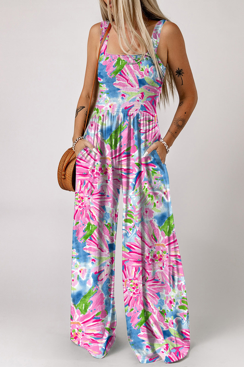 Blossom & Comfort: Floral Smocked Square Neck Jumpsuit with Pockets