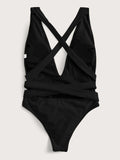 Halter Neck Deep V Tied One-Piece Swimsuit - AdorableDesignsz 