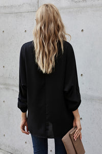 V-Neck Roll-Tab Sleeve Blouse - AdorableDesignsz 