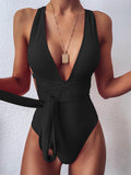 Halter Neck Deep V Tied One-Piece Swimsuit - AdorableDesignsz 