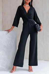 Twisted Plunge Three-Quarter Sleeve Jumpsuit - AdorableDesignsz 