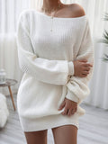 Rib-Knit Balloon Sleeve Boat Neck Sweater Dress