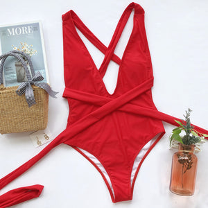 Halter Neck Deep V Tied One-Piece Swimsuit - AdorableDesignsz 