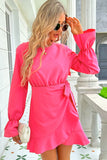 Round Neck Flounce Sleeve Ruffle Hem Mini Dress