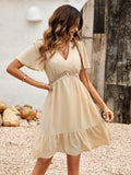 Swiss Dot V-Neck Openwork Puff Sleeve Dress