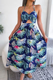 Botanical Print Tied Backless Cutout Slit Dress