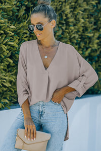 V-Neck Roll-Tab Sleeve Blouse - AdorableDesignsz 