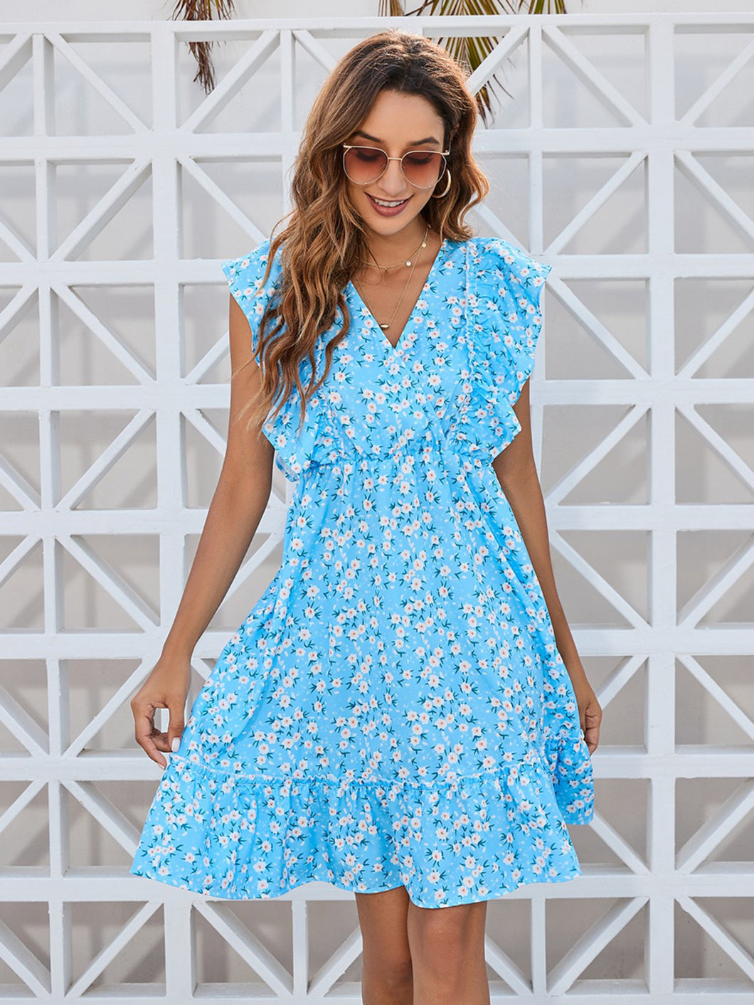 Ruffled Floral Surplice Mini Dress