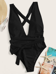 Halter Neck Deep V Tied One-Piece Swimsuit - AdorableDesignsz 