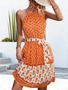 Floral Halter Neck Tie Waist Dress - AdorableDesignsz 