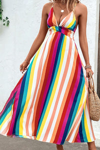 Multicolored Stripe Crisscross Backless Dress - AdorableDesignsz 