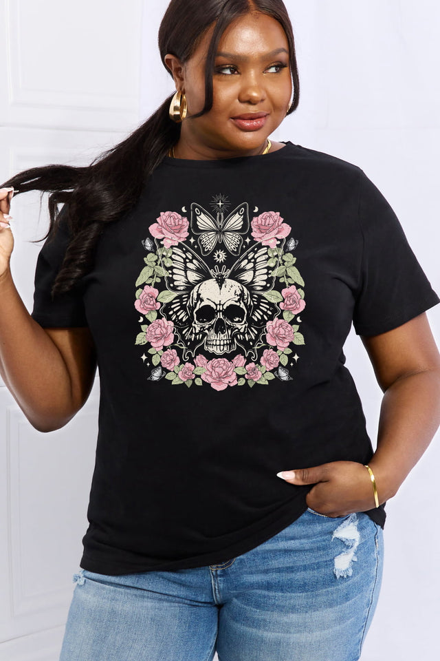 Simply Love Full Size Skull & Butterfly Graphic Cotton Tee