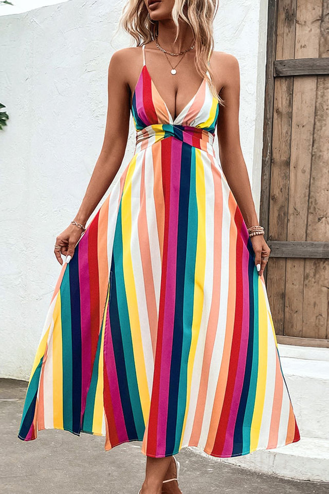 Multicolored Stripe Crisscross Backless Dress - AdorableDesignsz 