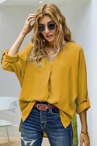 V-Neck Roll-Tab Sleeve Blouse - AdorableDesignsz 