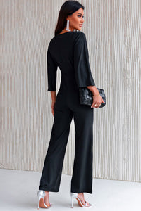 Twisted Plunge Three-Quarter Sleeve Jumpsuit - AdorableDesignsz 