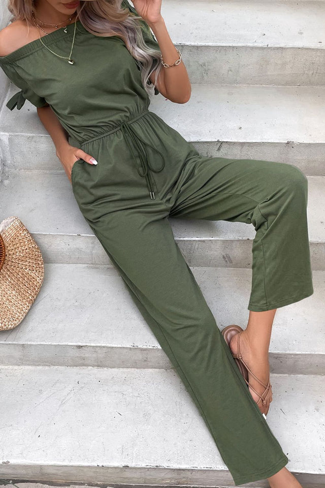 Pockets & Pizzazz: Off-Shoulder Jumpsuit with Tie Cuffs