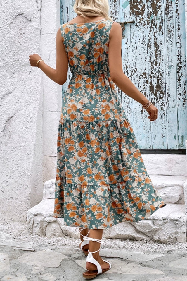 Floral V-Neck Tiered Sleeveless Dress - AdorableDesignsz 