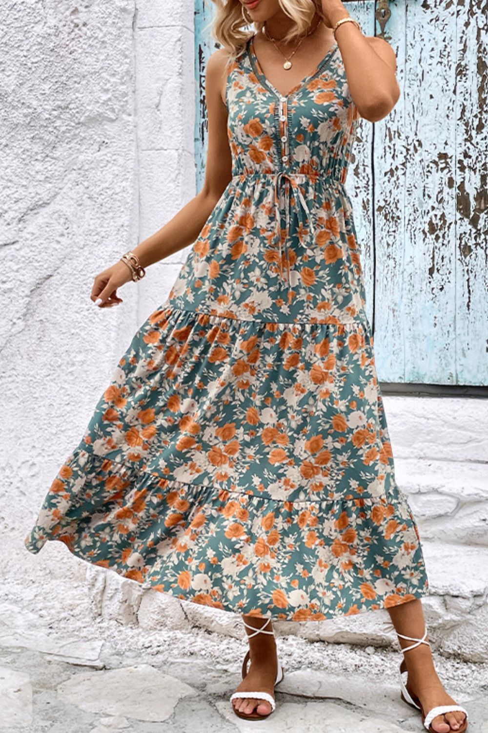 Floral V-Neck Tiered Sleeveless Dress - AdorableDesignsz 