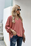 V-Neck Roll-Tab Sleeve Blouse - AdorableDesignsz 