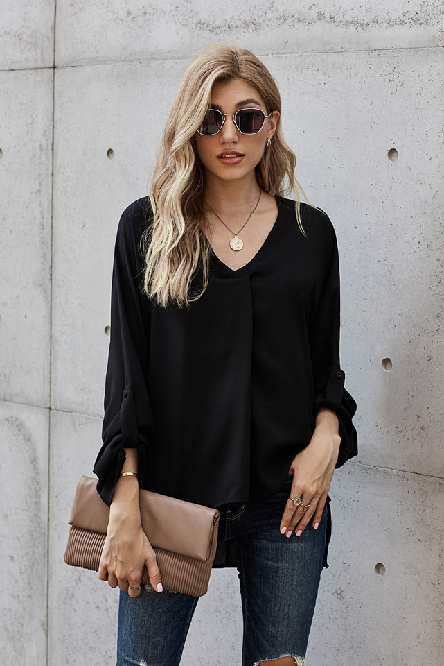 V-Neck Roll-Tab Sleeve Blouse - AdorableDesignsz 