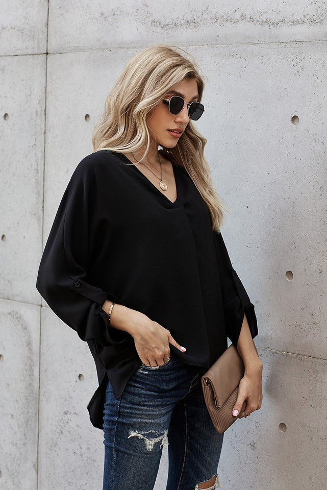 V-Neck Roll-Tab Sleeve Blouse - AdorableDesignsz 