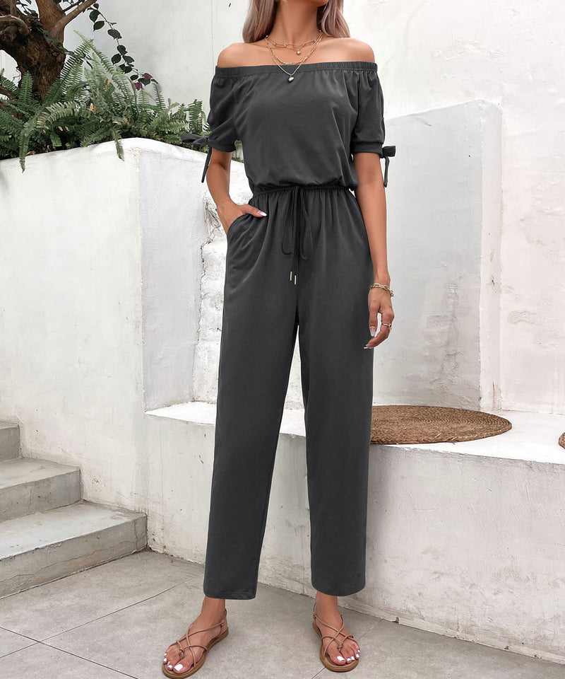 Pockets & Pizzazz: Off-Shoulder Jumpsuit with Tie Cuffs