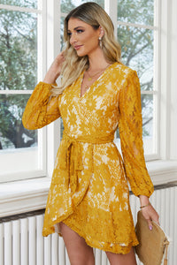 Pompom Trim Puff Sleeve Belted Lace Dress